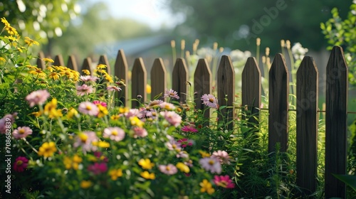 A beautiful garden with a wooden fence surrounded by vibrant and colorful flowers. Perfect for adding a touch of nature and beauty to any project