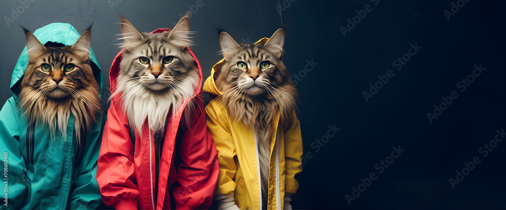 Creative animal concept. Maine Coon cat kitten kitty in a group, vibrant bright fashionable outfits isolated on solid background advertisement, copy space. birthday party invite invitation banner	
