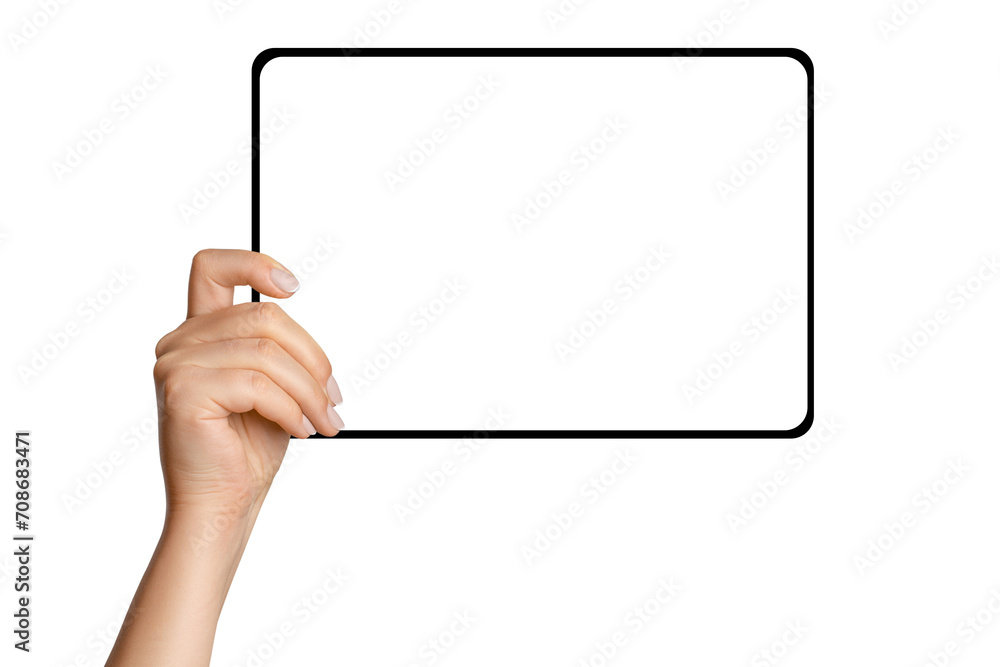 Female hand holding tablet with blank screen on empty background Female hand holding tablet with blank screen on empty background