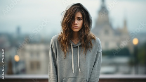 Portrait of a young woman in a gray hoodie looking sad photo