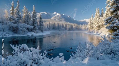 Exquisite mountain winter landscape with a lake on which birds swim