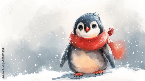 Minimalism and abstract cartoon cute charming penguin happy. Boho style, vintage watercolor winter's tale. 