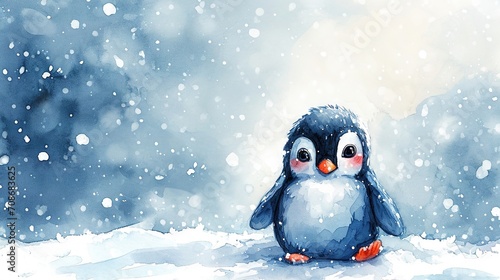 Minimalism and abstract cartoon cute charming penguin happy. Boho style, vintage watercolor winter's tale. 