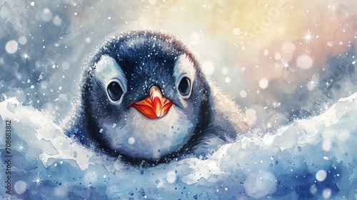 Minimalism and abstract cartoon cute charming penguin happy. Boho style, vintage watercolor winter's tale. 