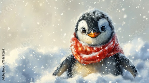 Minimalism and abstract cartoon cute charming penguin happy. Boho style, vintage watercolor winter's tale. 