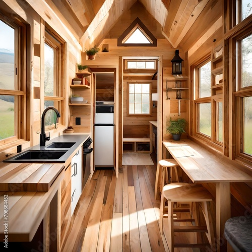Timber frame tiny house interior with an emphasis on natural wood tones and earthy colors