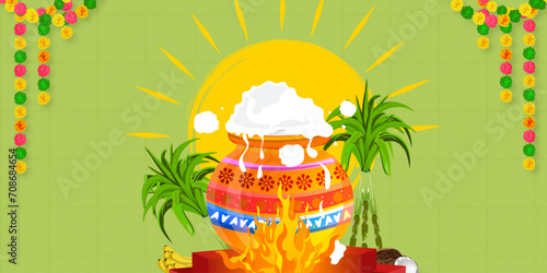 Vector illustration of beautiful colorful happy Pongal festival background.