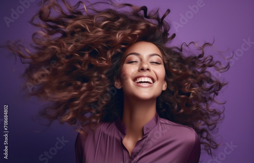 Ecstatic young woman with flowing brown hair