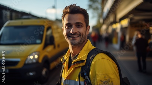 portrait of a smiling mailman in uniform photo