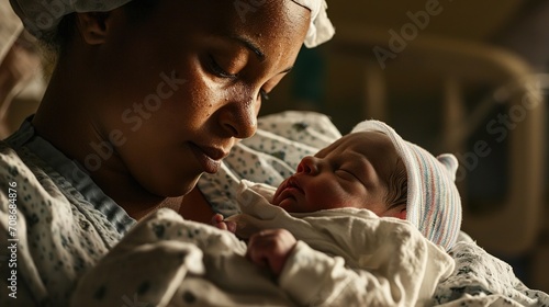 A nurse cradles a newborn baby  showing sincere emotions. Created with Generative Ai technology.