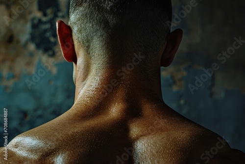 A view of the back of a man without a shirt. Suitable for fitness, health, and lifestyle concepts