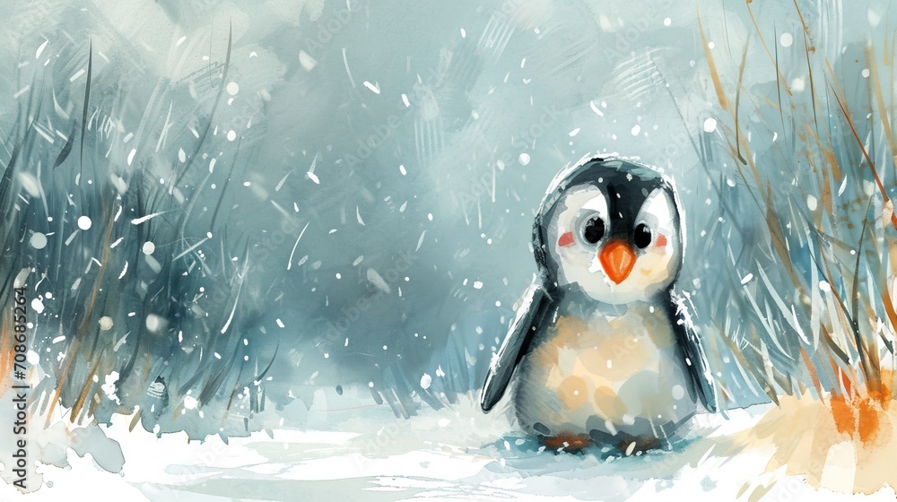 Minimalism and abstract cartoon cute charming penguin happy. Boho style, vintage watercolor winter's tale.
 - obrazy, fototapety, plakaty 