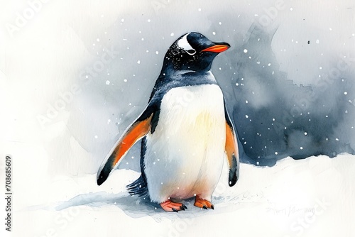 Minimalism and abstract cartoon cute charming penguin happy. Boho style  vintage watercolor winter s tale. 