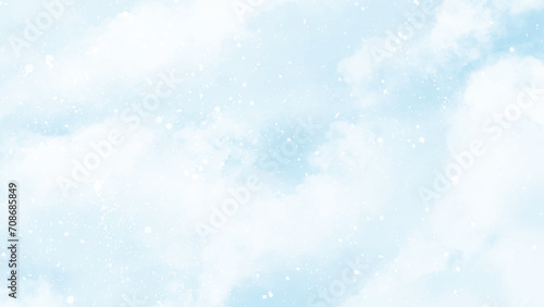Abstract blue winter watercolor background. Sky pattern with snow. Light blue watercolour paper texture background. Vector water color design illustration
