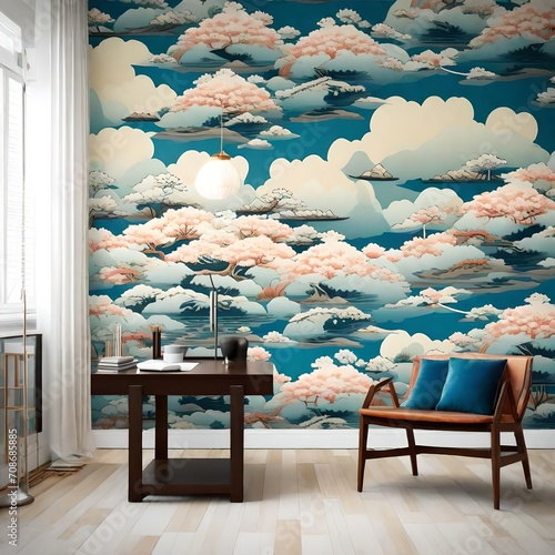 Japan sea wallpaper creating a focal point in a well-lit and inviting workspace © Sana