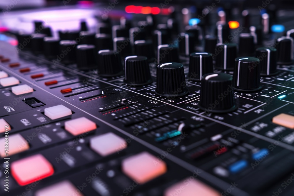 A detailed close-up view of the knobs on a mixing board. This image can be used to depict audio engineering, music production, or sound mixing.
