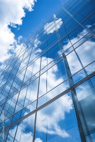 Blue glass skyscraper reflecting clouds