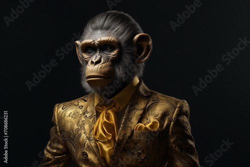 Person with monkey head elegantly dressed in golden suit, Generative AI