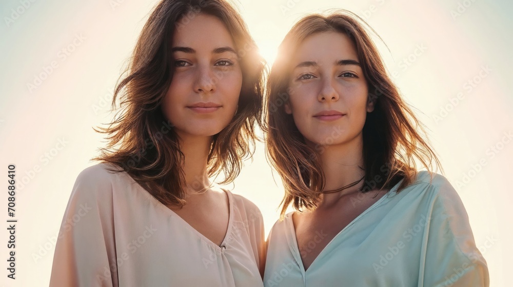 Mother and daughter with striking family resemblance, concept of genetic likeness and maternal bond at sunset Mother and daughter with striking family resemblance, concept of genetic likeness and maternal bond at sunset