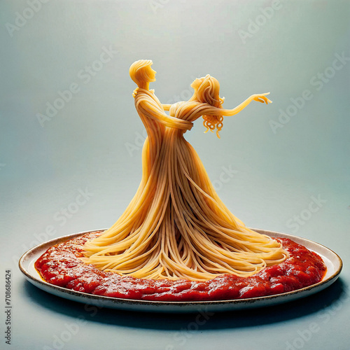 A playful and artistic interpretation of spaghetti in the form of dancers, with a soft blue background highlighting the novelty and creativity of the dish.