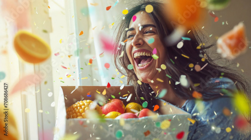 Joyful woman celebrating with a box of fruits, festive concept with confetti in the air