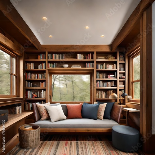 Cozy reading nook with a timber frame bookshelf and comfortable seating