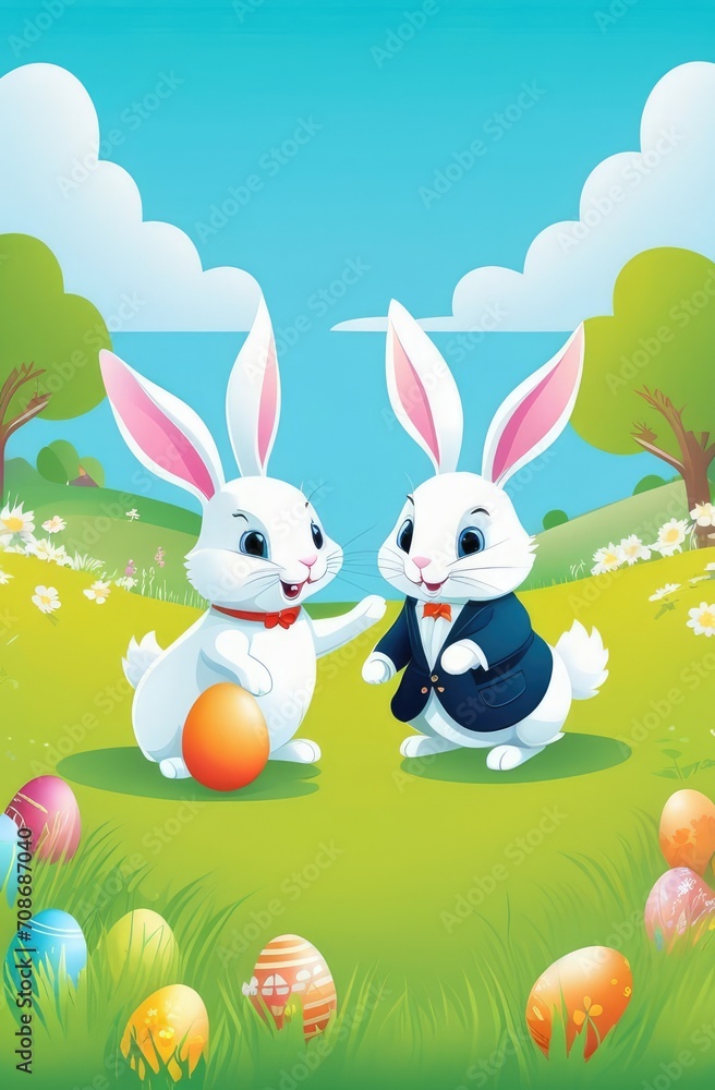 Eggs hunt. Two rabbits hunting Easter eggs on spring field. Holiday illustration of cute cartoon bunnies playing on spring meadow, light green grass, blue sky background Eggs hunt. Two rabbits hunting Easter eggs on spring field. Holiday illustration of cute cartoon bunnies playing on spring meadow, light green grass, blue sky background