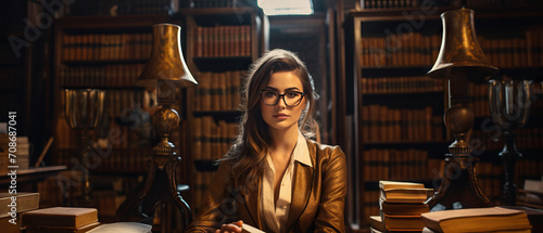 Trendy female student sitting among bookshelves in an old university library, deeply engrossed in studying.