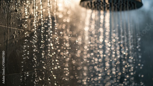 A close-up image of a shower head with water flowing down. Suitable for bathroom or plumbing related concepts photo