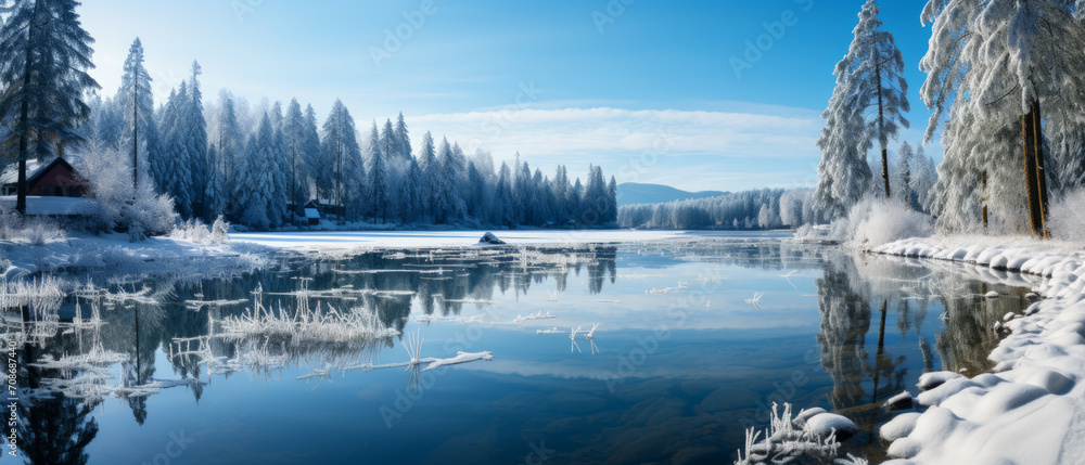 Sunny, wintry day at a frozen lake in a secluded park, with the wilderness reflected on the icy surface.