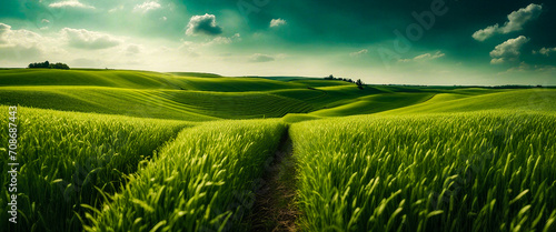 Green meadow meanders into wheat field horizon. Corn field in rural Flanders produced by AI.
