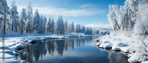 Sunny, wintry day at a frozen lake in a secluded park, with the wilderness reflected on the icy surface. © Lidok_L
