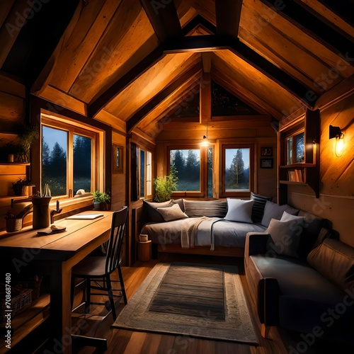 Atmospheric night scene in a timber frame tiny house, showcasing ambient lighting