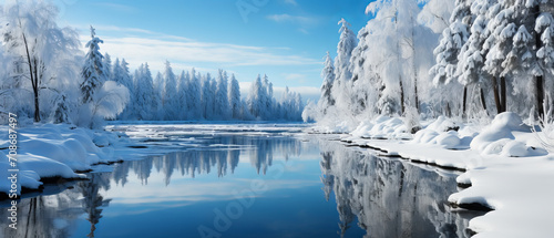 Sunny, wintry day at a frozen lake in a secluded park, with the wilderness reflected on the icy surface. © Lidok_L