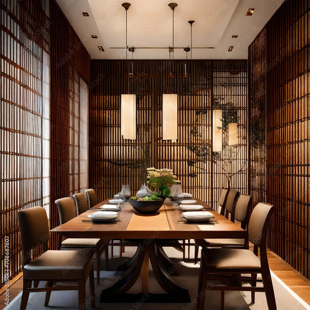 Harmonious blend of Japan sea wallpaper and organic wood in an elegant dining room