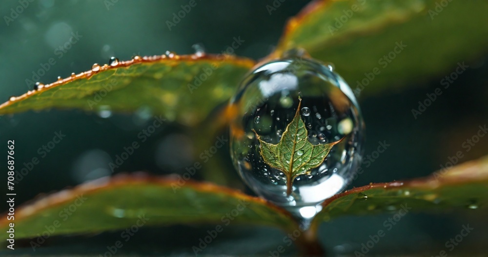 Zoom in on the intricate details of a raindrop as it delicately rests on a leaf. Showcase the miniature world within the droplet, capturing the reflections and distortions of the leaf' - Generative AI