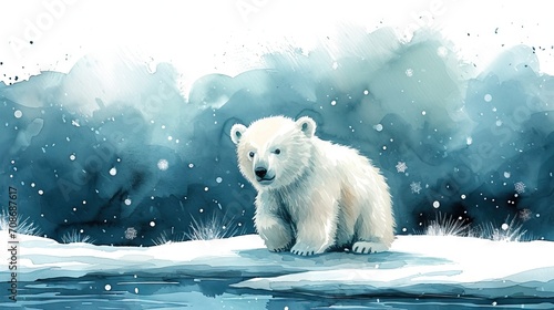 Minimalism and abstract cartoon cute charming polar bear happy. Boho style, vintage watercolor winter's tale.