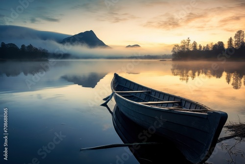 A tranquil early morning view of a still lake reflecting a moody sky, with a single boat anchored at the shore. Mist rises off the water surface, enveloping trees and distant mountains in a soft haze