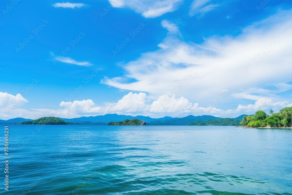 A serene lakeside scene with a clear view of distant mountains under a blue sky with puffy clouds. Small islands covered with lush greenery are scattered across the calm lake waters