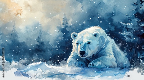 Minimalism and abstract cartoon cute charming polar bear happy. Boho style, vintage watercolor winter's tale. photo