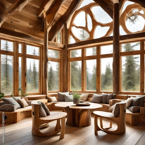 Seating area with organic wood furniture and round windows in a timber frame interior
