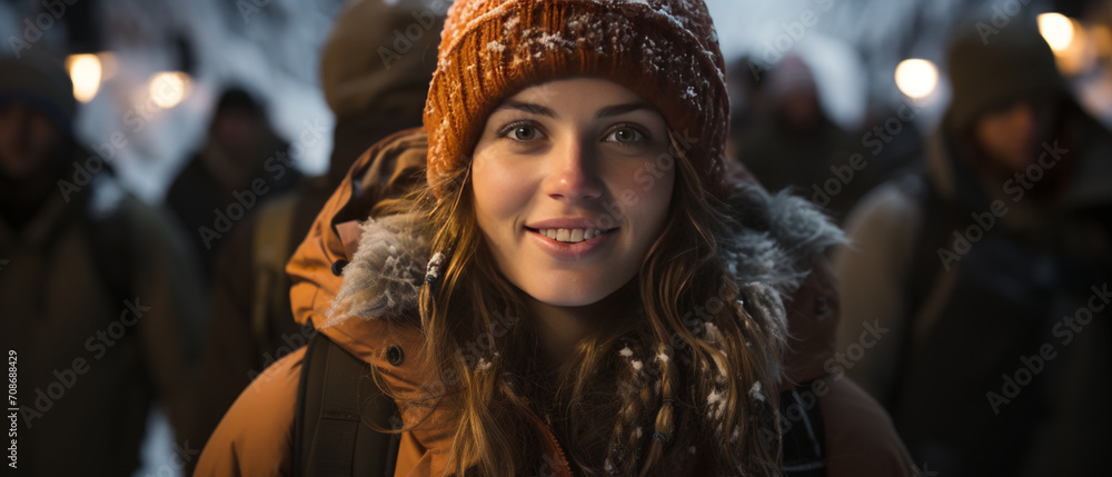 Fototapeta premium Photo of a joyful young woman on a winter adventure, her smile radiating happiness against a snowy backdrop.