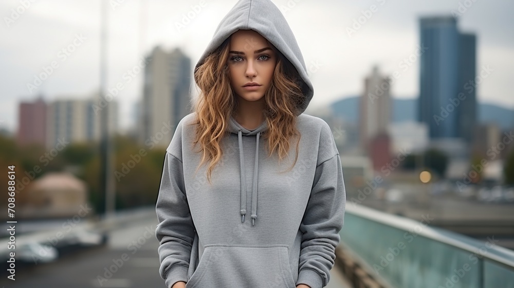 Portrait of a young woman in a gray hoodie