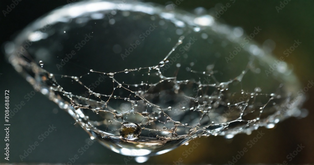 Delve into the delicate balance of a droplet suspended on a fine cobweb. Highlight the intricate architecture of the web and the way the droplet magnifies the details - Generative AI Delve into the delicate balance of a droplet suspended on a fine cobweb. Highlight the intricate architecture of the web and the way the droplet magnifies the details - Generative AI