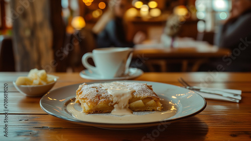 Cozy Café Ambiance with a Delectable Serving of Apple Strudel and Fresh Cream, Inviting for Dessert Lovers and Food Bloggers