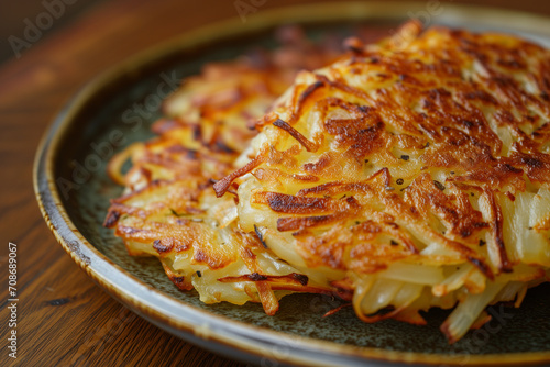 Swiss Rösti: Crispy Golden Potato Pancake on a Ceramic Plate, a Traditional Swiss Dish Ideal for Food Enthusiasts and Culinary Bloggers