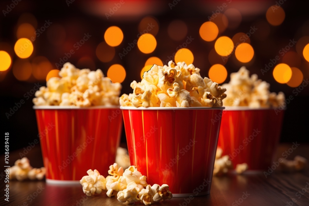 Three red and white striped popcorn buckets with spilled popcorn on a wooden table against blurred orange background Three red and white striped popcorn buckets with spilled popcorn on a wooden table against blurred orange background