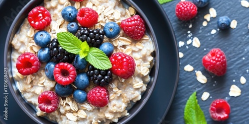 A delicious bowl of oatmeal topped with fresh berries and blueberries. Perfect for a healthy breakfast or snack photo