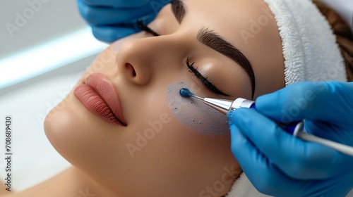 Close-up of a professional aesthetician performing a facial treatment using advanced skincare technology. [Facial treatment in aesthetic medicine clinic]
