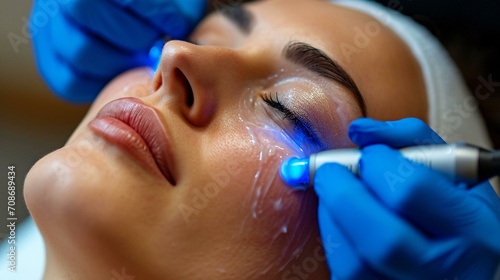 Close-up of a professional aesthetician performing a facial treatment using advanced skincare technology. [Facial treatment in aesthetic medicine clinic] photo